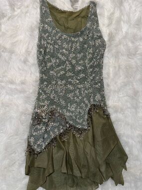 Olive Green Beaded Cocktail Dress Hand Embroidered
